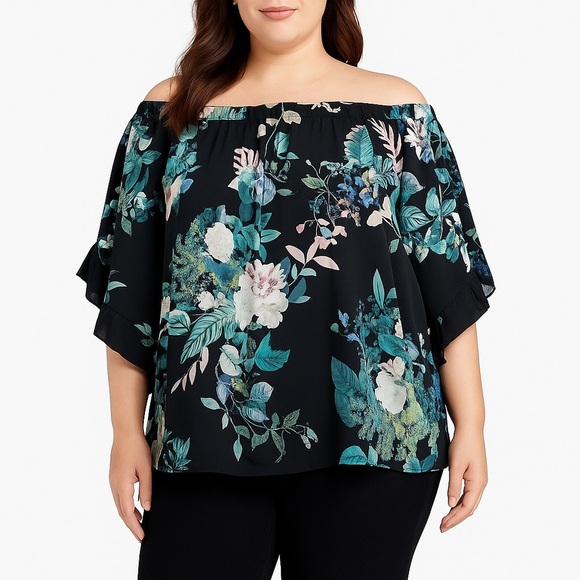 City Chic Off Shoulder Floral Blouse Top Black XL (US 22) Plus Ruffle Sleeve NWT - Picture 1 of 9